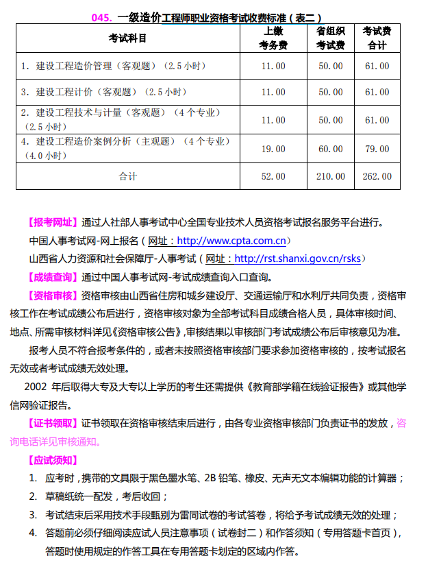 山西省2021年一級造價師考試收費標準