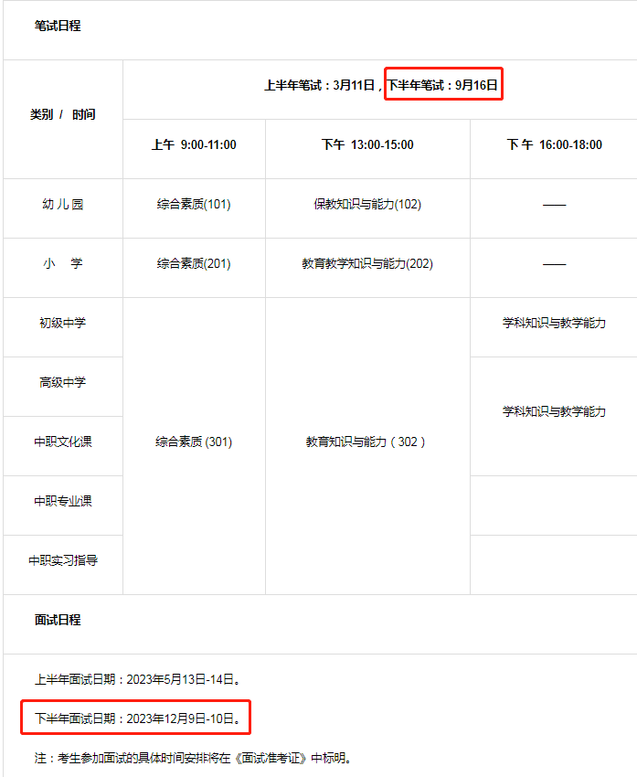 2023下半年中小學教師資格筆試考試時間