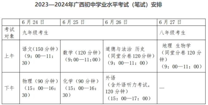 廣西桂林中考時間2024年具體時間已公布